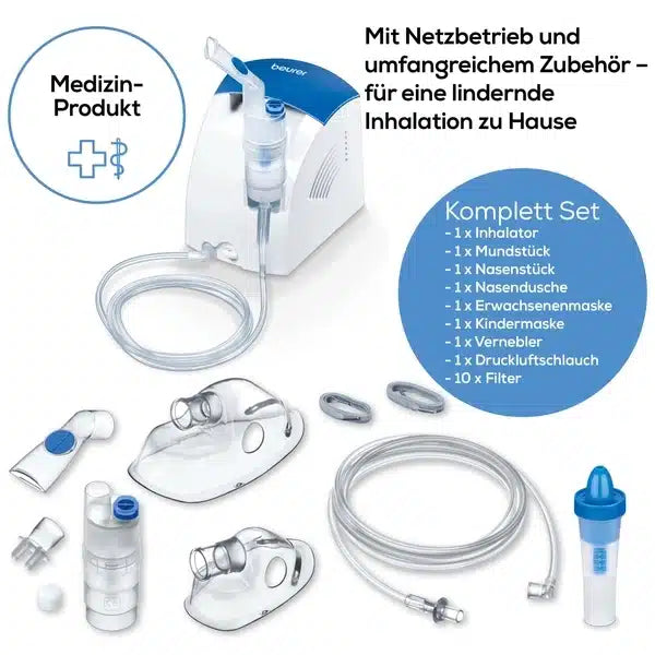 An inhalation therapy set consisting of a nebulizer device and various attachments, including an inhaler, mouthpiece, nosepiece, adult mask, child mask, nebulizer, air hose, medication container, pressure-resistant storage container, and filter. Ideal for the treatment of asthma and other respiratory diseases. Product name: Beurer Inhaler IH 26 | Package (1 piece). Brand name: Beurer GmbH.