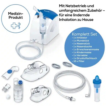 An inhalation therapy set consisting of a nebulizer device and various attachments, including an inhaler, mouthpiece, nosepiece, adult mask, child mask, nebulizer, air hose, medication container, pressure-resistant storage container, and filter. Ideal for the treatment of asthma and other respiratory diseases. Product name: Beurer Inhaler IH 26 | Package (1 piece). Brand name: Beurer GmbH.