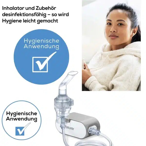 A woman sits on a couch and looks into the camera. Below is the discontinued item: Beurer small inhaler IH 58 from Beurer GmbH, with hoses and a checkmark symbol with the inscription "Hygienic application" for easy hygiene with asthma inhalers and accessories.