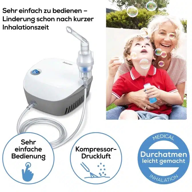 An elderly person and a child making soap bubbles sit next to the Beurer Inhaler IH 18 from Beurer GmbH, a medical device with hoses labeled 'Breathing made easy.' Designed for people with respiratory diseases like asthma, the inhaler features an inhalation mask and is described with phrases like 'Very easy to use' and 'Compressor air pressure.'