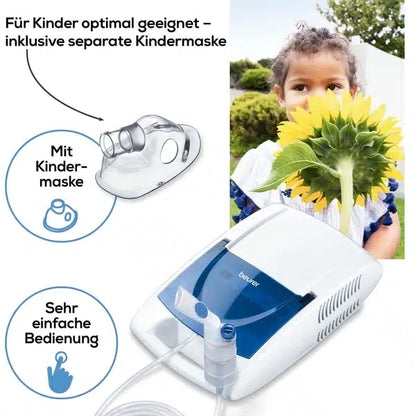 A small child in a striped sweater holds a sunflower in front of her face. Next to her is the Beurer Inhaler IH 26 by Beurer GmbH. It is noted in German that it is suitable for children and includes a separate child mask. Further texts emphasize that it is very easy to use and therefore perfect for the treatment of asthma and other respiratory diseases.