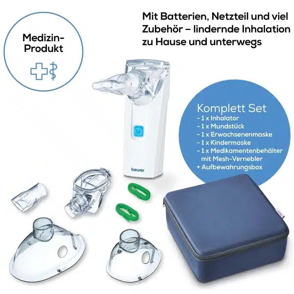 The Beurer Inhaler To Go IH 5, a product of Beurer GmbH, features advanced oscillating membrane technology and is accompanied by important accessories such as a mouthpiece, masks for adults and children, a medication container, and a mesh. It has a self-cleaning function for easy maintenance. The package includes batteries, a power adapter, and a carrying case – perfect for use at home or on the go.