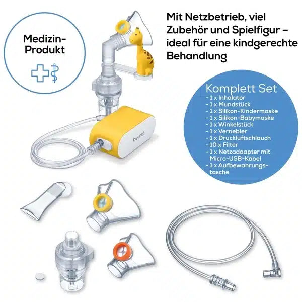 The discontinued item: Beurer small inhaler IH 58 KIDS from Beurer GmbH is a child-friendly medical nebulizer set with main device, silicone masks, hose, mouthpiece, storage case, and yellow toy figure for children's inhalation therapy.