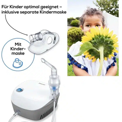 On the left is the Beurer Inhaler IH 18 from Beurer GmbH with an attached hose and child mask. A graphic illustrates that the included child mask is ideal for treating asthma. On the right is a child in a blue and white dress covering their face with a large sunflower. The text is in German.