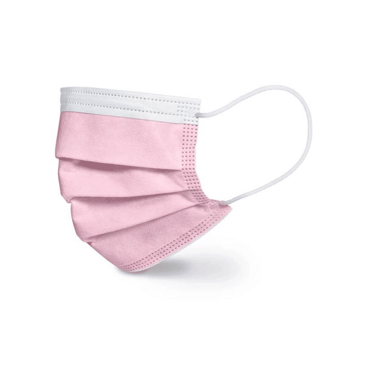 Eine einzelne rosa Einweg-OP-Maske von Beurer in rosa MM 15 – 20 Stück | Packung (20 Stück) von Beurer GmbH mit weißen Ohrschlaufen ist auf einem weißen Hintergrund abgebildet. Die Maske verfügt über Falten zur Ausdehnung, einen weißen Streifen oben und ist aus Sicherheitsgründen CE-zertifiziert.