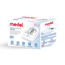 A white box with the branding "medel SENSE" from Beurer GmbH contains the discontinued item: Medel Sense blood pressure monitor and shows an image of this automatic blood pressure monitor on the front, the main features, multilingual text, and blue/red accents.