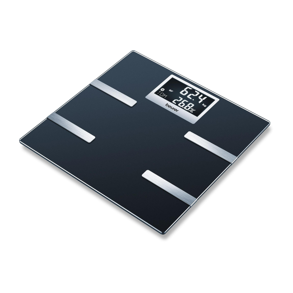 The Beurer BF 700 body scale from Beurer GmbH features an elegant black surface with metallic accents and four metallic stripes. The display shows a weight of 62.4 kg, a body fat percentage of 20.8%, a water percentage of 56.6%, and a BMI calculation, all with Bluetooth data transmission for seamless tracking. This package includes one piece of the stylish body analysis scale.