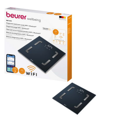 An image of a Beurer BF 880 personal scale with WIFI from Beurer GmbH, featuring WiFi and Bluetooth connectivity. The scale is black with silver accents and has a digital display. The product packaging is shown, highlighting features such as body fat analysis, app compatibility, and the Beurer HealthManager Pro app for health monitoring.