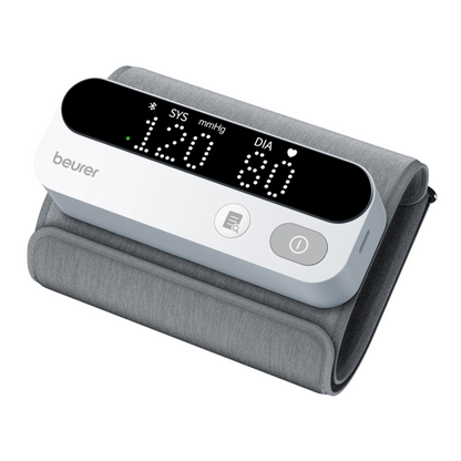 The Beurer BM 59 upper arm blood pressure monitor from Beurer GmbH displays a value of 120 mmHg systolic and 80 mmHg diastolic. This device, compatible with the Beurer HealthManager Pro app, features an LCD screen, a gray cuff, and a power button on the right side.