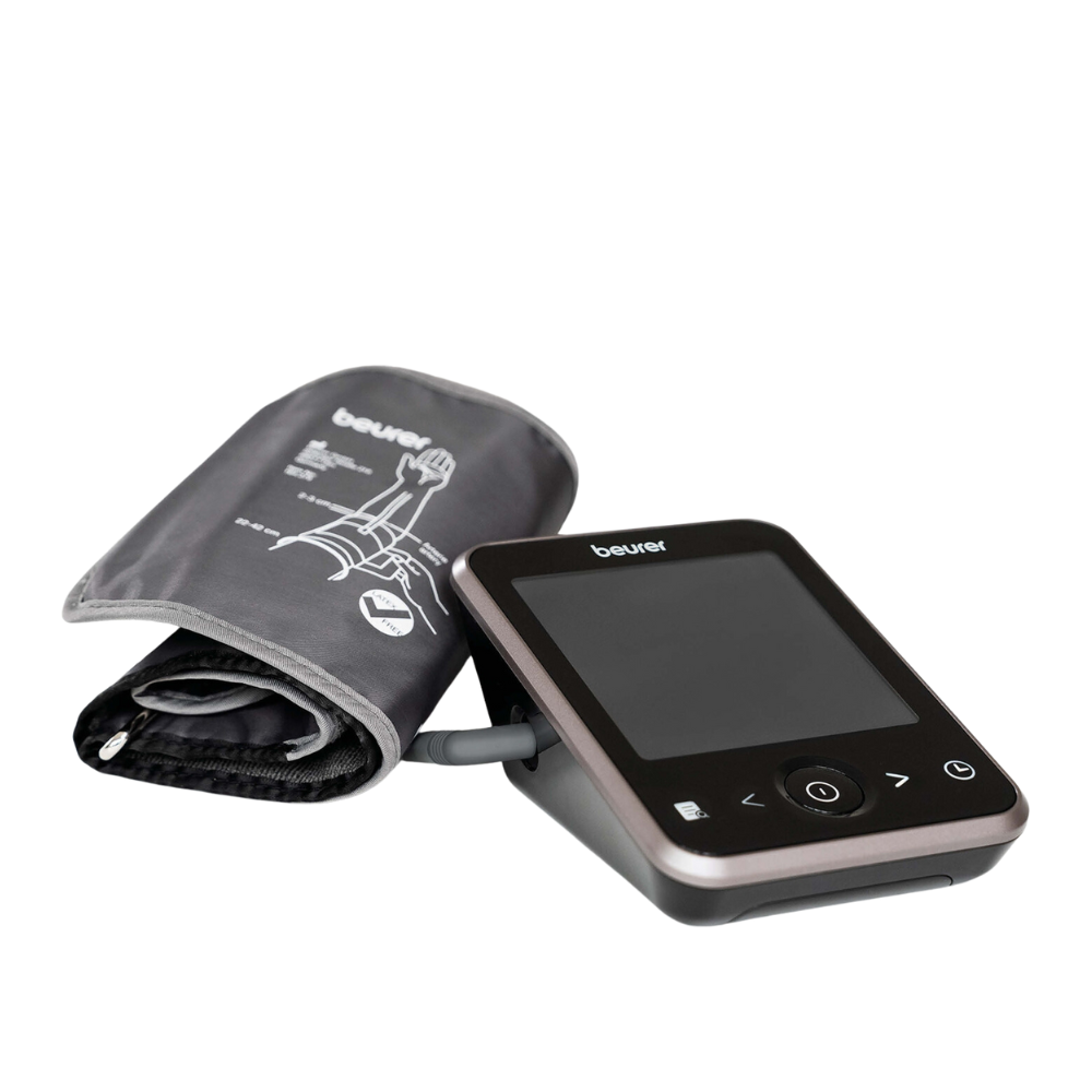 Pictured is the Beurer BM 64 blood pressure monitor with rest indicator | Package (1 piece) by Beurer GmbH, consisting of a black cuff with white application illustrations and a separate display unit. The display unit features a large screen, buttons, and the printed brand name "beurer".