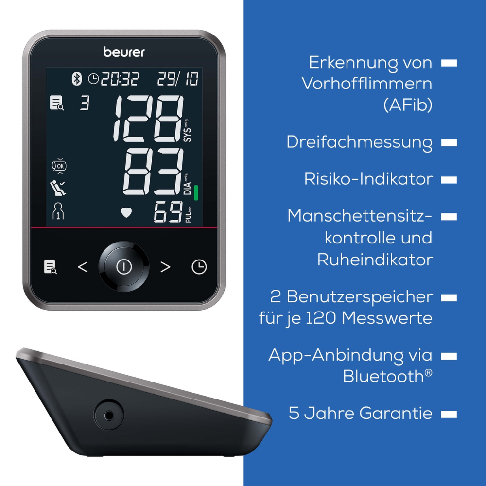 The image shows a Beurer BM 64 blood pressure monitor with rest indicator from Beurer GmbH, equipped with a digital display with AFib detection, triple measurement, inflation technology, risk indicator, cuff positioning, and rest indicator. It also features two user memories for 120 measurements each, a Bluetooth app connection to the beurer HealthManager Pro, and comes with a 5-year warranty.