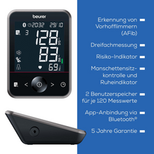 The image shows a Beurer BM 64 blood pressure monitor with rest indicator from Beurer GmbH, equipped with a digital display with AFib detection, triple measurement, inflation technology, risk indicator, cuff positioning, and rest indicator. It also features two user memories for 120 measurements each, a Bluetooth app connection to the beurer HealthManager Pro, and comes with a 5-year warranty.