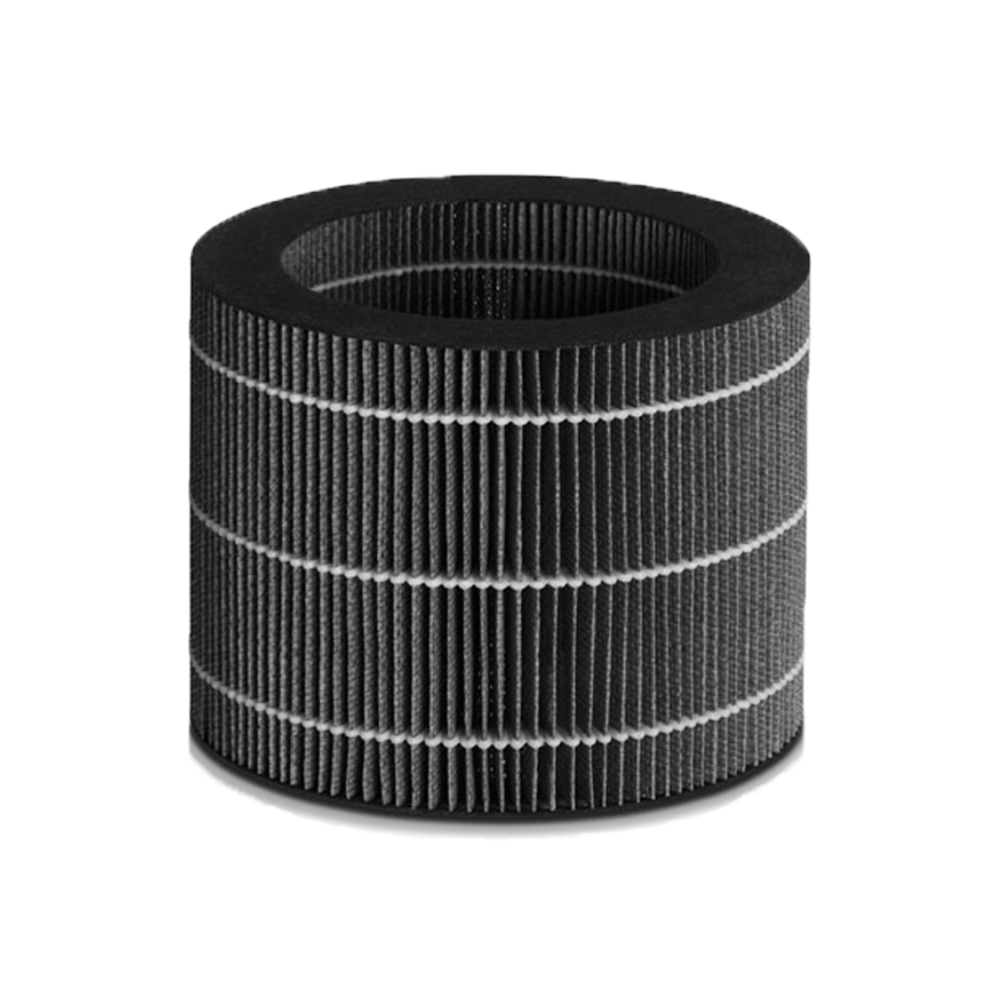 A cylindrical air filter with a black-gray pleated design stands upright against a white background. The Beurer replacement filter for the Beurer humidifier LB 200/300 Plus by Beurer GmbH features horizontal layers and a hollow center and boasts a filtration efficiency of 99.99%.