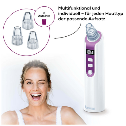 An image of a woman winking at the camera, with a digital skincare device in the foreground. The Beurer FC 41 pore cleaner from Beurer GmbH features an LCD screen and two buttons labeled "Beurer." Next to it are three interchangeable heads displayed, with text in German describing their versatility for different skin types.