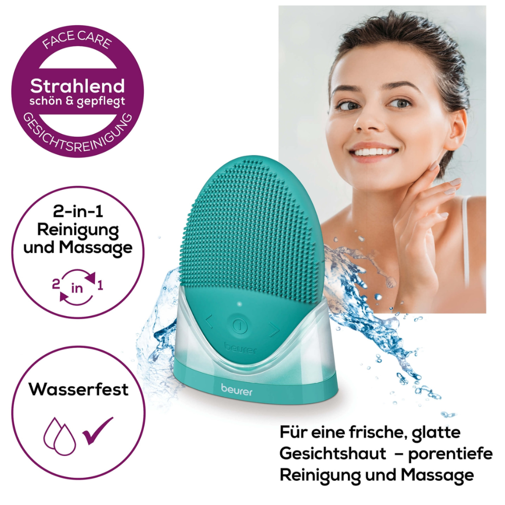 Promotional image for the Beurer FC 52 Laguna Silicone Facial Brush from Beurer GmbH. The blue-green, waterproof device offers 2-in-1 cleansing and massage with vibration technology. The German text reads 'For fresh, smooth facial skin – deep pore cleansing and massage'. In the upper right corner, a smiling person is depicted.