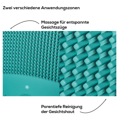 The image shows a close-up of the Beurer FC 52 Laguna Silicone Facial Brush from Beurer GmbH in turquoise with two differently textured surfaces. The left side with the inscription 'deep pore cleansing' has fine bristles for deep cleaning, while the right side features larger, wavy grooves for massage.