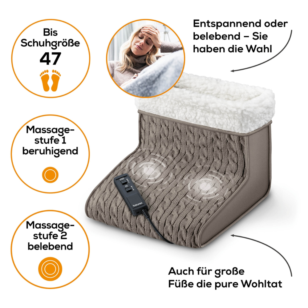 The Beurer FWM 45 massage foot warmer from Beurer GmbH has a soft exterior and offers both relaxing and invigorating massage modes for feet up to size 47. A woman enjoys the benefits of the foot warmer. Inserted text in German explains its heat levels and massage options, making it ideal for people with larger feet.