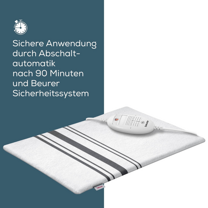 The Beurer HK 25 heating pad from Beurer GmbH is shown with gray stripes and a control unit on a blue-white background. The German text points out 6 temperature settings, 90-minute automatic shut-off, and the OEKO-TEX® STANDARD 100 certification. Packaging: 1 piece.