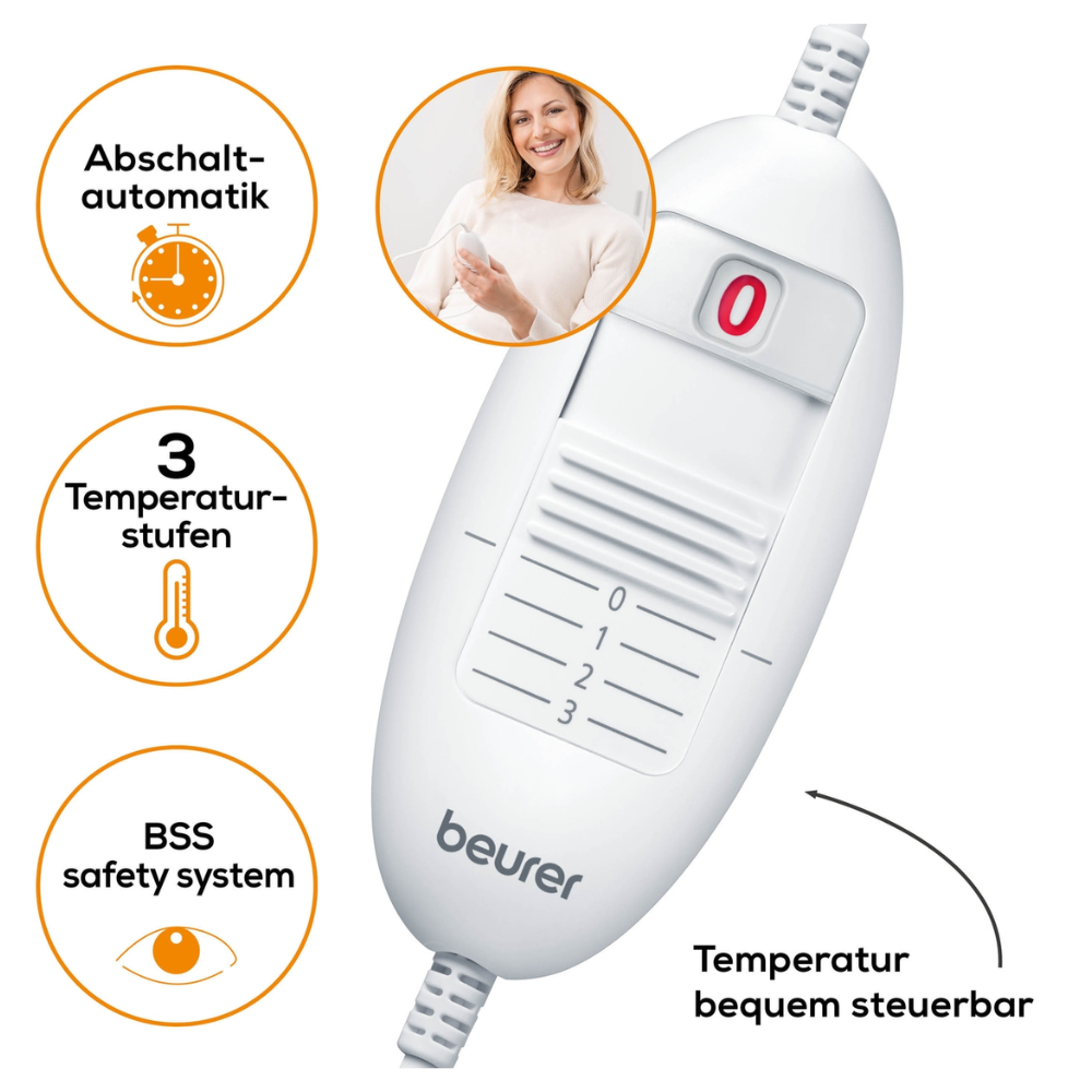 The Beurer HK 35 heating pad of the Beurer GmbH is a white control device with an on/off switch and three temperature settings. The symbols indicate an automatic shut-off function, three available temperature levels, and the BSS safety system. The product, certified according to OEKO-TEX® STANDARD 100, also features a round insert with a smiling person using it.