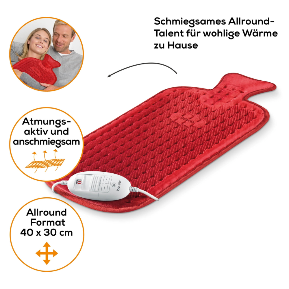 Pictured is a Beurer HK 44 heating pad by Beurer GmbH with a textured surface and electronic control. A couple relaxes together holding the heating pad in their hands. The text in German highlights the features: breathable material, good fit, 3 temperature settings, and all-around format of 40x30 cm.