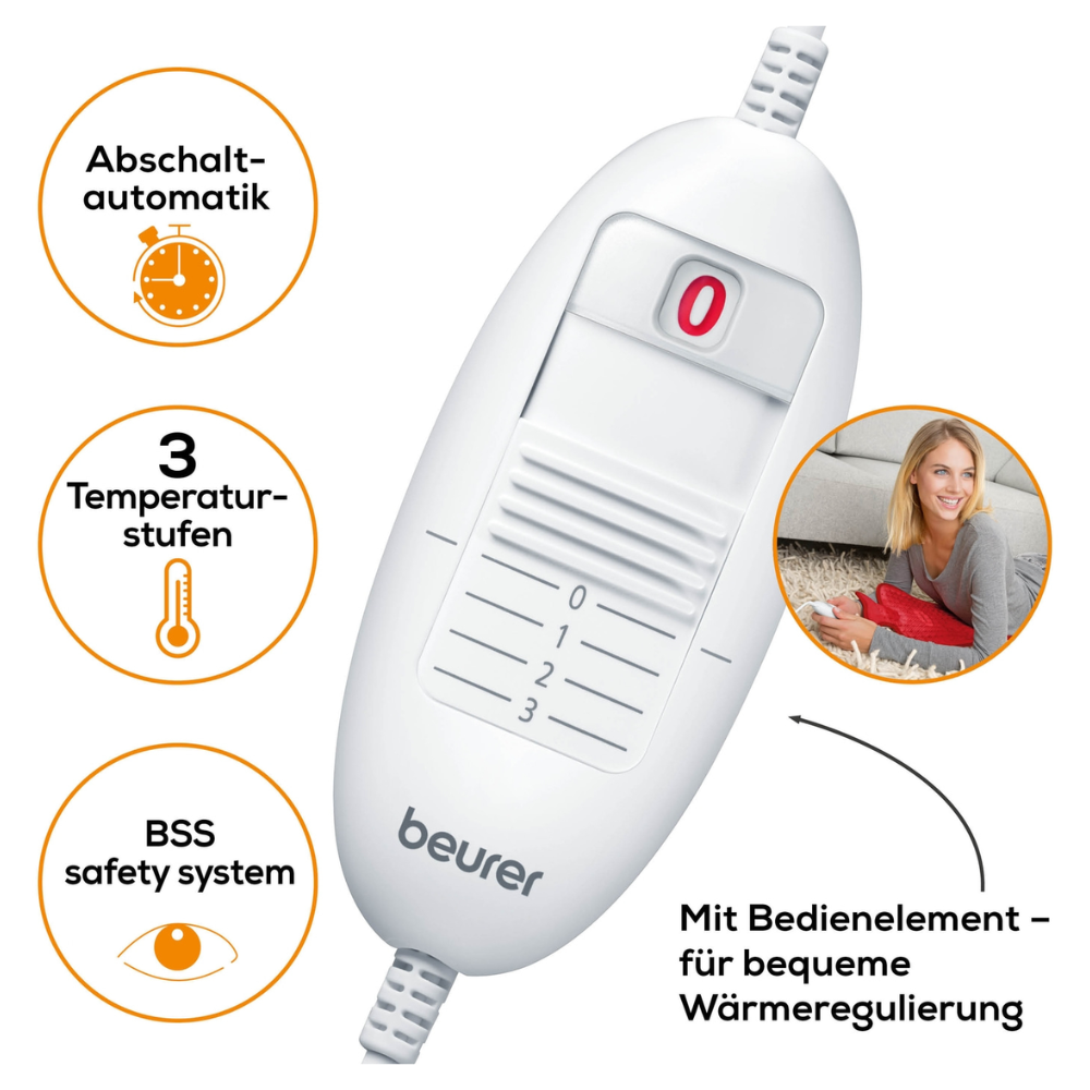 Image of a Beurer HK 44 heating pad controller in white with a digital display featuring a red "0" button, three temperature settings, and checkmarks. The depicted features include automatic shut-off, 3 temperature settings, and BSS safety system. A woman relaxes on a sofa. The text reads in German translation: "With control elements - for comfortable temperature regulation." Available at Beurer GmbH in pack (1 piece).