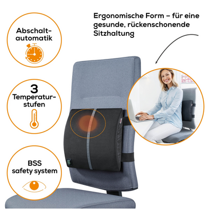 A Beurer HK 70 heating pad with back support from Beurer GmbH is attached to an office chair. The graphic highlights features such as a timer for automatic shutdown, three temperature settings, and a safety system. A woman is seen using the cushion while working at a desk. A text in German describes the ergonomic design for a healthy, back-friendly sitting posture.