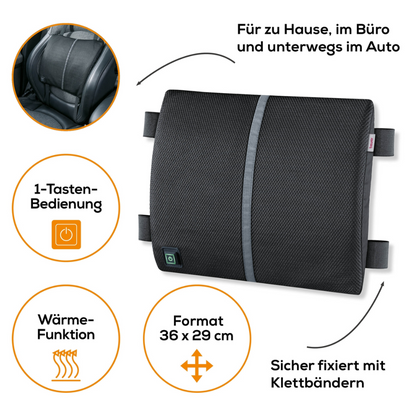 The Beurer HK 70 heating pad with back support from Beurer GmbH presents itself as a rectangular black seat cushion with a perforated pattern and multiple straps. The cushion is accompanied by four circular icons that highlight keyboard operation, heating function (heating pad), dimensions 36 x 29 cm, and secure fastening with Velcro straps - making it an ideal addition to your collection of warmth products.