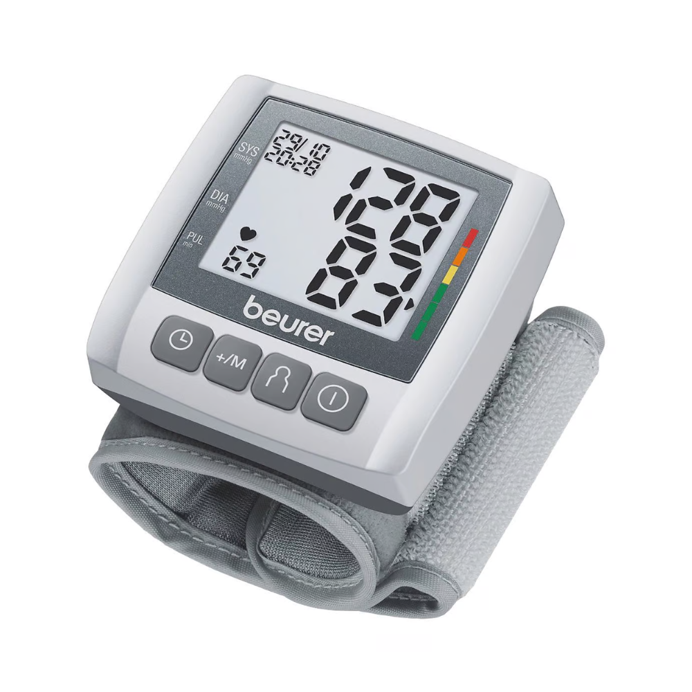 The discontinued item: Beurer wrist blood pressure monitor BC 30 from Beurer GmbH features a digital display for systole, diastole, and pulse, as well as a gray, adjustable cuff for comfortable blood pressure measurement.