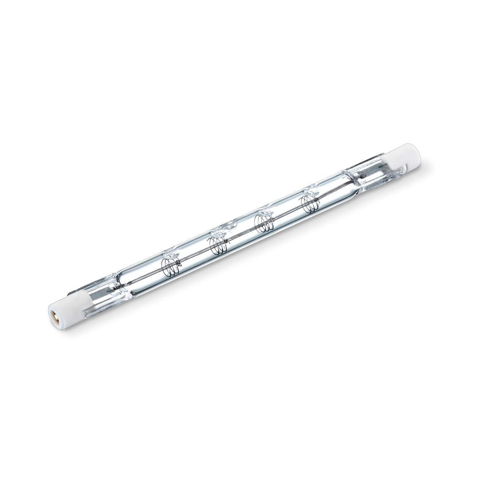 The Beurer IL 50 replacement spotlight from Beurer GmbH is a clear, cylindrical halogen lamp with a visible filament and two white ceramic ends, making it an ideal replacement lamp.