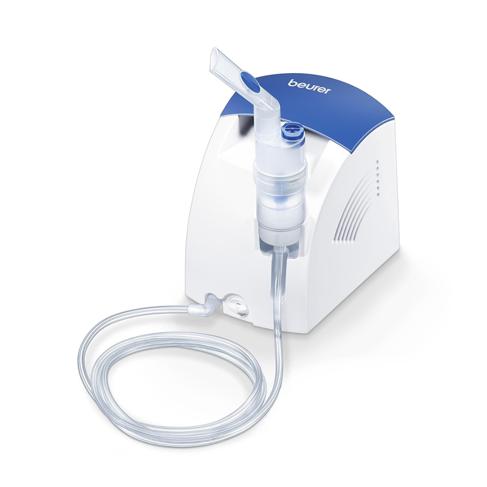The Beurer Inhaler IH 26 by Beurer GmbH is a blue-white tabletop nebulizer with a mouthpiece, transparent medication cup, and long hose - ideal for asthma treatment or as an alternative to nasal irrigation.