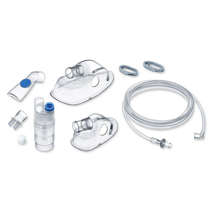 Introducing the Beurer Inhaler IH 26 by Beurer GmbH, which is perfect for the treatment of respiratory diseases such as asthma. The range includes face masks in various sizes, a medication cup, a T-shaped connector, a mouthpiece, several small adapters, and a long transparent air hose.