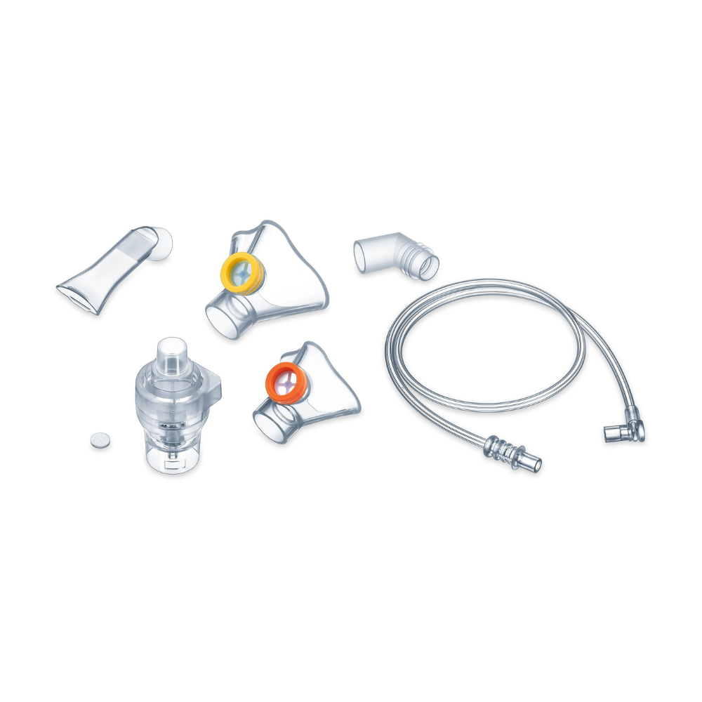 The Beurer Inhalator IH 58 Kids Yearpack by Beurer GmbH includes a comprehensive set of medical nebulizer components such as masks with colored rings, a mouthpiece, a filter, a connection plug, and a flexible hose with adapter – all essential nebulizer items on a plain white background.