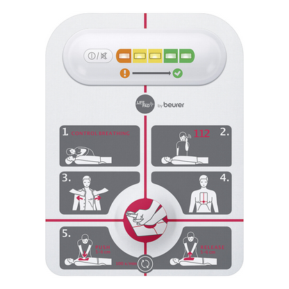 The innotas discontinued item: Beurer LifePad® resuscitation aid (1 piece) features an illustrated board that guides you to check breathing, call 112, attach the pads, place the hands, compress the chest 5-6 cm at 100-120/min, and release after each compression.