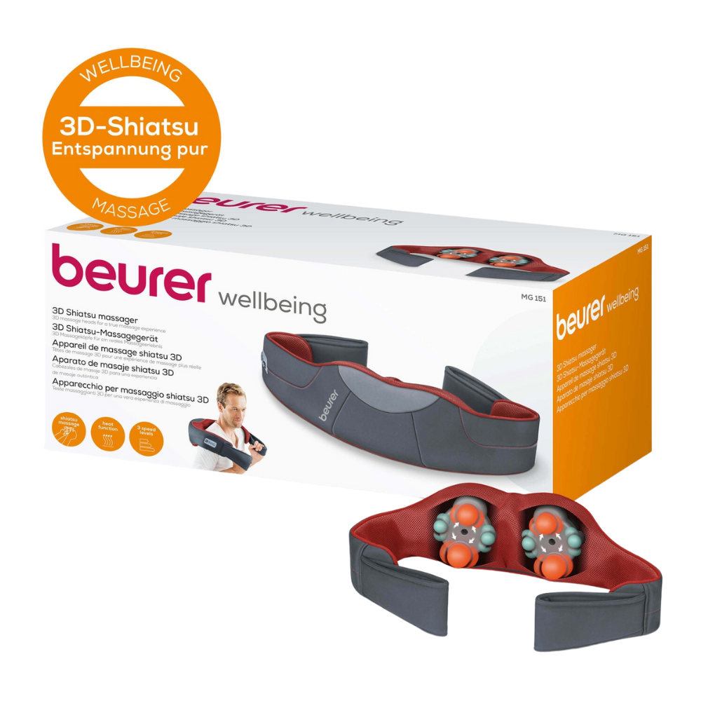 Image of a Beurer MG 151 3D Shiatsu massager from Beurer GmbH with packaging. The massager, specially designed for neck and shoulders, features gray and orange cushions. The packaging bears the inscriptions "3D Shiatsu Massage" and "Wellbeing" in several languages, along with product images to enhance the massage experience.