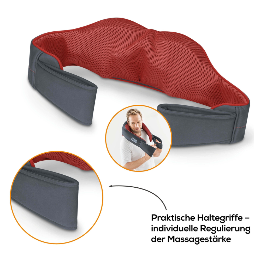 Shown is a red-gray Beurer MG 151 3D Shiatsu massager from Beurer GmbH with practical handles to adjust the strength of the 3D massage heads, demonstrated by a man in the side image. The text reads: "Practical handles - individual regulation of massage strength."