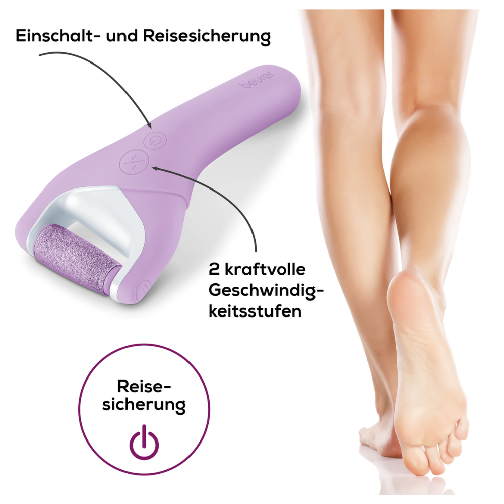 The Beurer MP 59 Wet & Dry Callus Remover, a purple electric callus remover with two power levels and a diamond-coated roller, is displayed next to a text in German. This advanced foot care technology from Beurer GmbH is prominently presented. To the right, a pair of smooth, bare legs from the knees down are visible, with one foot slightly raised at the heel.