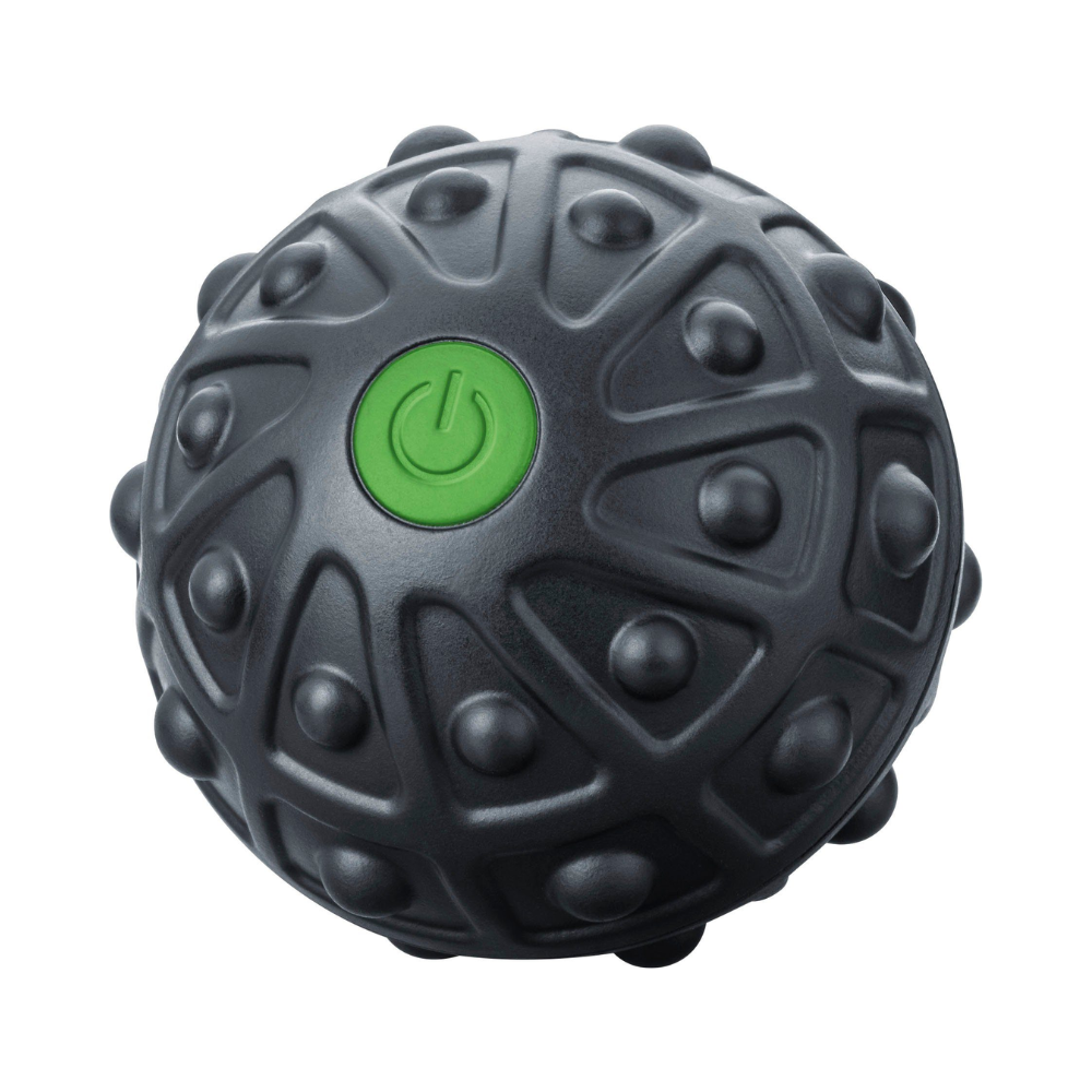 The discontinued item: Beurer MG 10 vibrating massage ball from Beurer GmbH is a black, textured massage ball with raised knobs and a green power button - perfect for releasing fascia adhesions. Pictured against a white background.