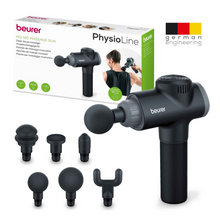 Bild des Beurer Muskelmassagegeräts MG 180 Massage Gun von Beurer GmbH. Auf der Verpackung ist das Gerät bei der Anwendung auf dem Rücken einer Person zu sehen, wo es eine gezielte Muskelmassage bietet. Das Set enthält sechs austauschbare Massageköpfe für verschiedene Massagearten. Die Verpackung trägt den Aufdruck „PhysioLine“ und ein Symbol für „German Engineering“.