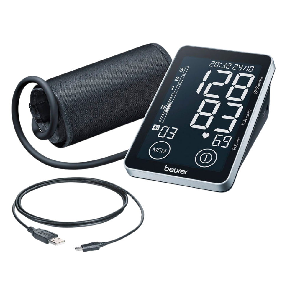 The discontinued item Beurer upper arm blood pressure monitor BM 58 from Beurer GmbH features a large display, cuff, and USB charging cable. The brand is visible at the front. Modern design for blood pressure measurement on the upper arm.