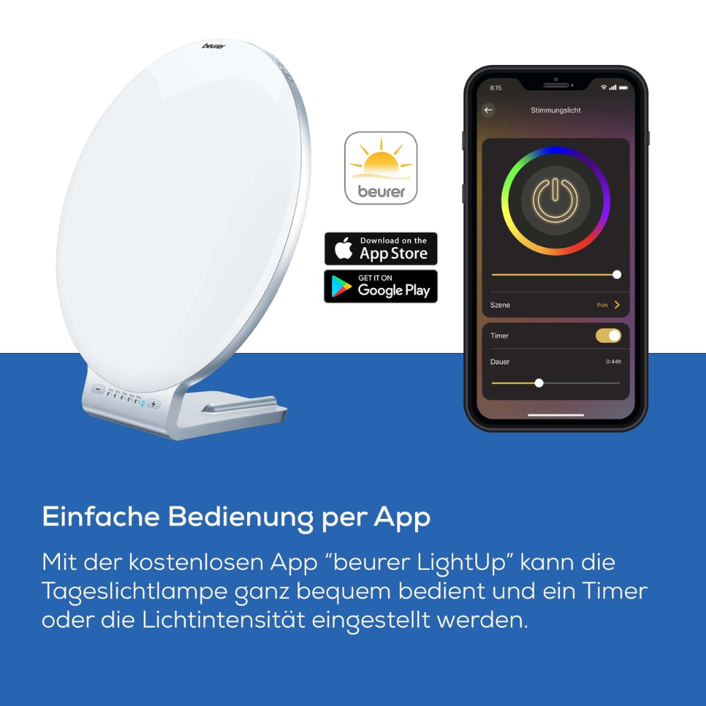 The Beurer daylight lamp TL 100 (discontinued item) from Beurer GmbH is shown in white with 10,000 lux next to a smartphone with the LightUp app, which is compatible via app store logos with iOS and Android; German text highlights the app-based control.