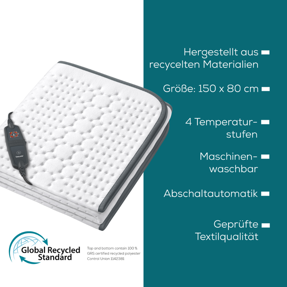 The image shows the Beurer warming underblanket UB 60 Green Planet from Beurer GmbH, a rectangular heating pad with a remote control on it. On the right, the features are listed: "Made from recycled materials, Size: 150 x 80 cm, 4 temperature levels, Machine washable, Automatic shut-off, Certified textile quality. Enjoy sustainable comfort with the Beurer warming underblanket.