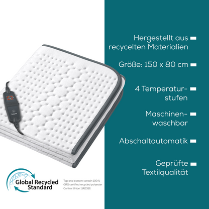 The image shows the Beurer warming underblanket UB 60 Green Planet from Beurer GmbH, a rectangular heating pad with a remote control on it. On the right, the features are listed: "Made from recycled materials, Size: 150 x 80 cm, 4 temperature levels, Machine washable, Automatic shut-off, Certified textile quality. Enjoy sustainable comfort with the Beurer warming underblanket.