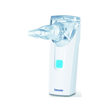 The Beurer Inhaler To Go IH 5, a product of Beurer GmbH, features oscillating membrane technology and a transparent mouthpiece, highlighted by an illuminated blue power button. This elegant white device, with its upright design, is ideal for administering vaporized medications and comes with a convenient self-cleaning function.