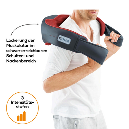 A man uses a Beurer MG 151 3D Shiatsu massager from Beurer GmbH. With both hands, he holds the device, which is wrapped around his shoulders and neck. The text on the left side in German reads: "Relaxation of the muscles in the hard-to-reach shoulder and neck area" and "3 intensity levels".