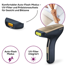 An image showing the Beurer permanent hair removal IPL VelvetSkinPro Black, a product of Beurer GmbH, with UV filter and precision attachment for face and bikini area. The device is shown near a person's legs and highlights its benefits of permanent hair removal. German text describes the features: UV filter, precision attachment, and automatic flash mode.