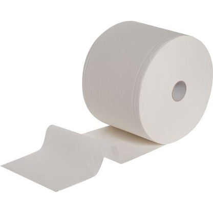 A large WypAll® L20 EXTRA wiper big roll from Kimberly-Clark GmbH, 1 roll with 1000 sheets in white, is partially unrolled on a monochrome white background.