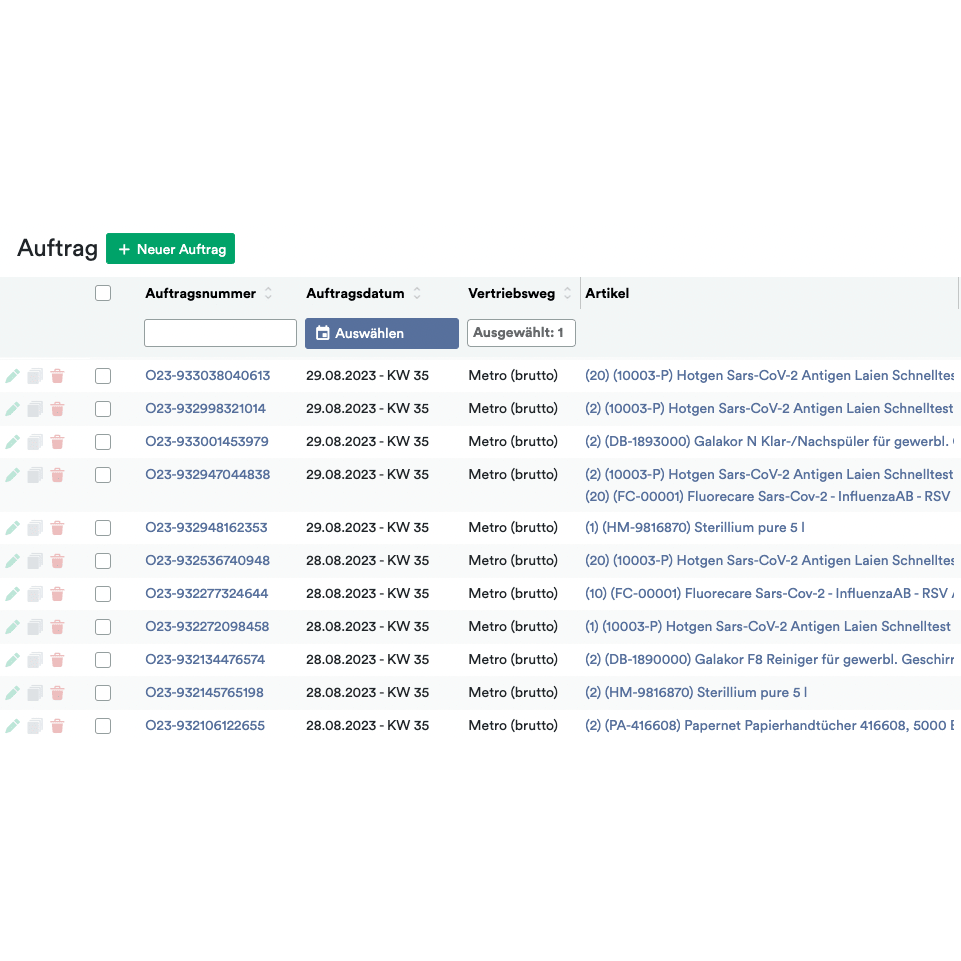 A screenshot of the Altruan computer interface displaying a list of orders in tabular form. Each entry shows order number, date, sales channel, and item description with symbols for additional settings and actions.