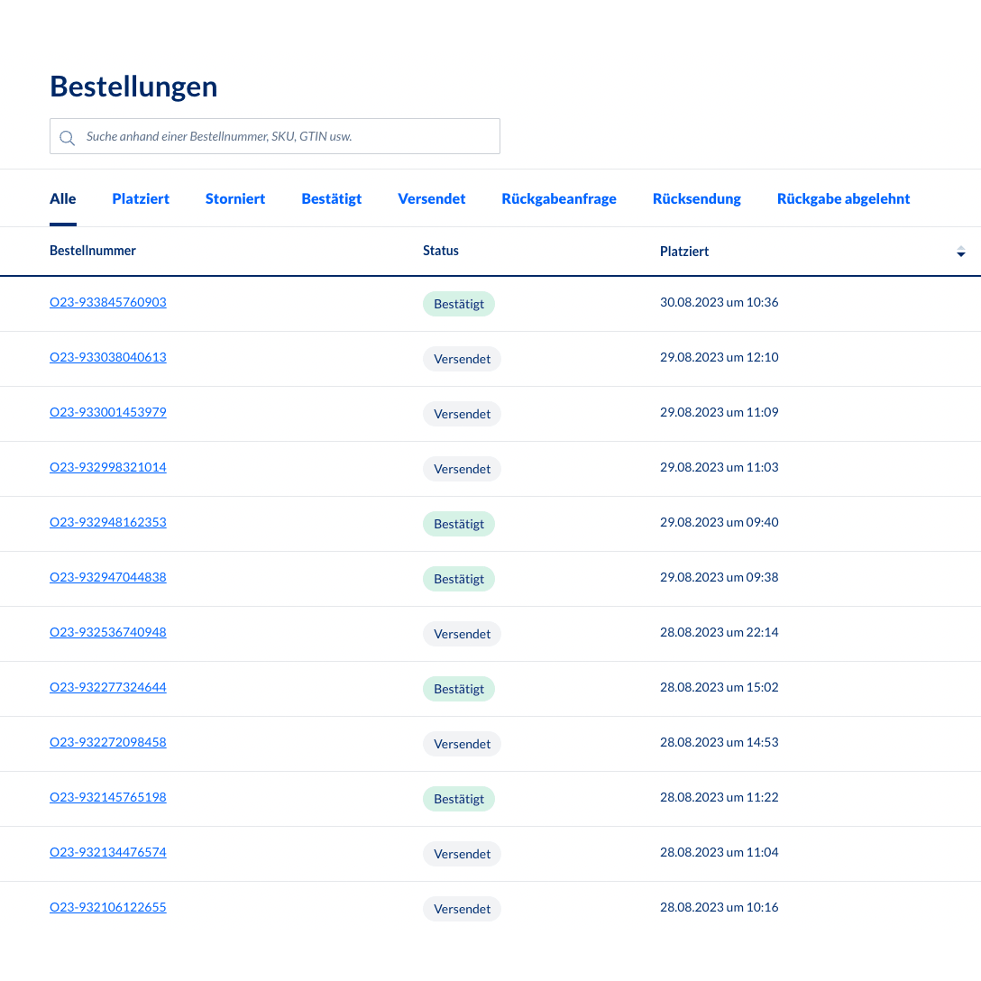 A screenshot of the backend order management system Altruan MetroSync: Metro Market to Weclapp order processing, displaying a table with order numbers and status updates. Each row contains order number, status, SKU, creation date, and time. Most statuses show