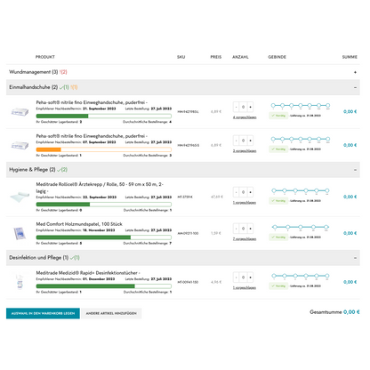 Screenshot of a Shopify B2B order tool by Altruan displaying medical supplies such as wound care, gloves, and disinfectants with images, quantities, customer-specific prices, and a total amount of 0.00 €.