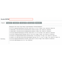 Ein Screenshot, der eine Altruan ClientView Orders-Schnittstelle mit verschiedenen Registerkarten wie „Übersicht“, „Angebote“ und mehr zeigt. Ganz oben ist die Kundennummer 193746 hervorgehoben. Der folgende Abschnitt zeigt die Weclapp-Kundenübersicht nach gekauften Produkten.
